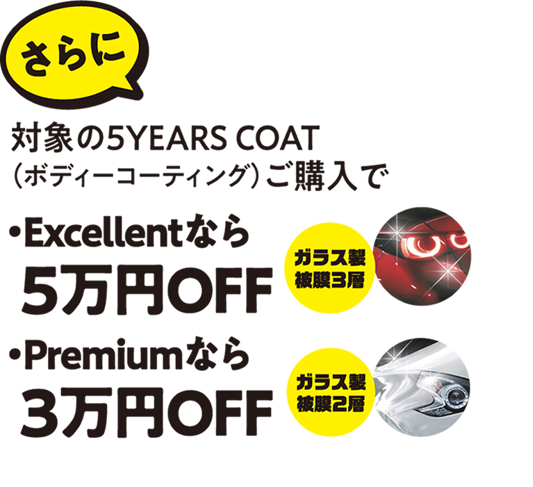 さらに、対象のボディコート「5YEARS COAT」ご購入で、Excellentなら5万円OFF、Premiumなら3万円OFF！