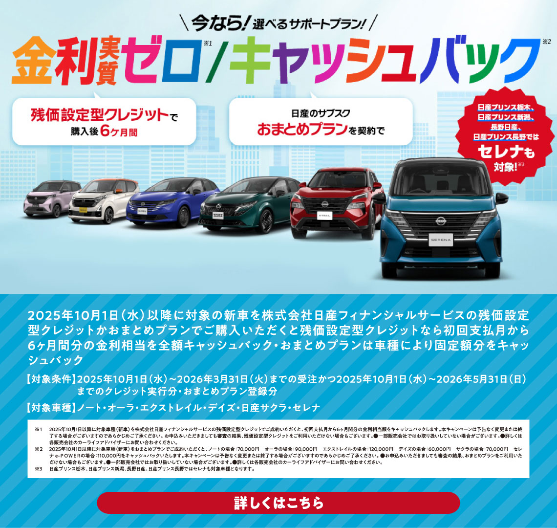 今なら選べるサポートプラン　残価設定型クレジットで購入後6か月間金利実質ゼロ/日産のサブスクおまとめプランご契約でキャッシュバック
